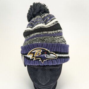 Baltimore Ravens Striped Sideline Winter Beanie W/ Pom Knit Hat By New Era